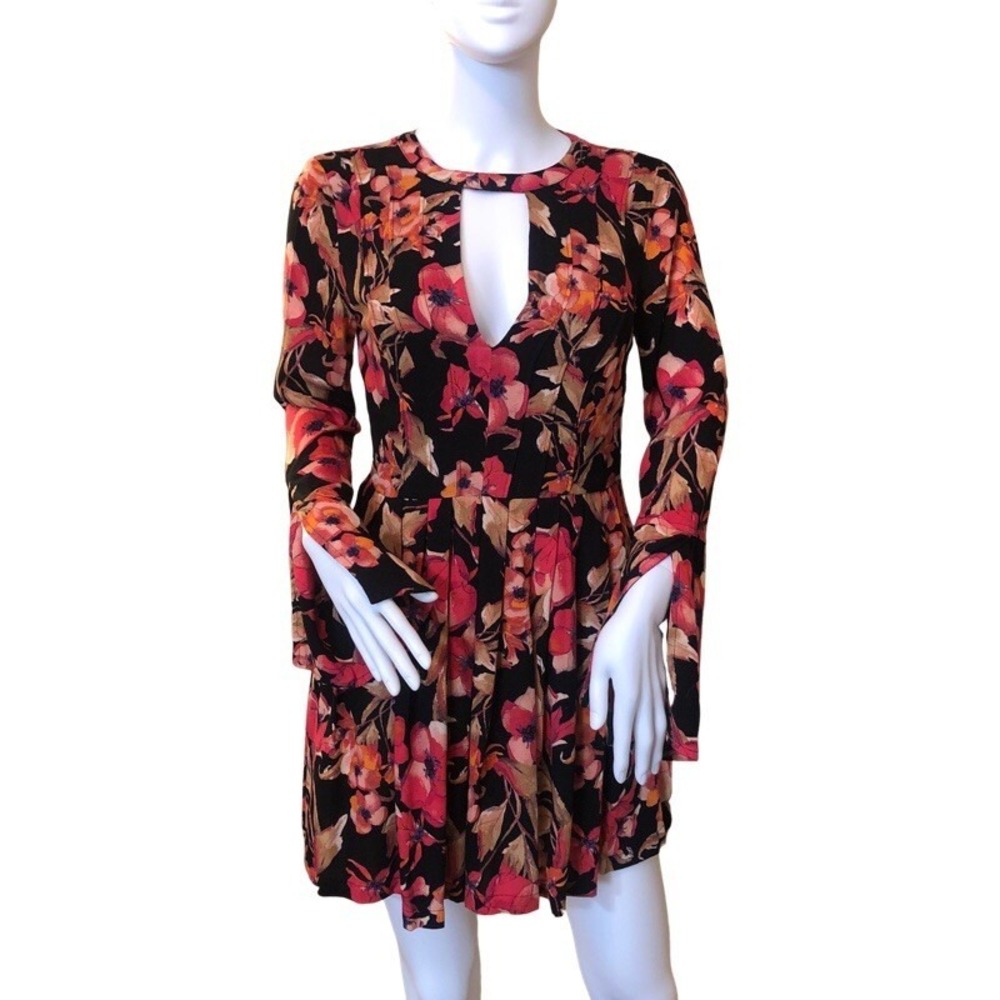 FREE PEOPLE‎ NWT Size 0 Tegan Orange Floral Pleated Mini Dress Tunic Spring Fall